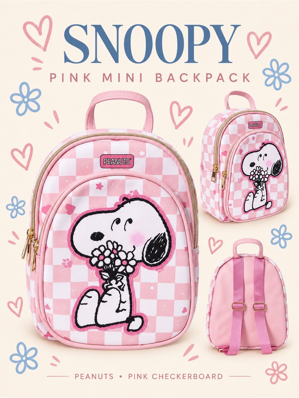 NWT Peanuts Pink Checkerboard Snoopy Mini Backpack